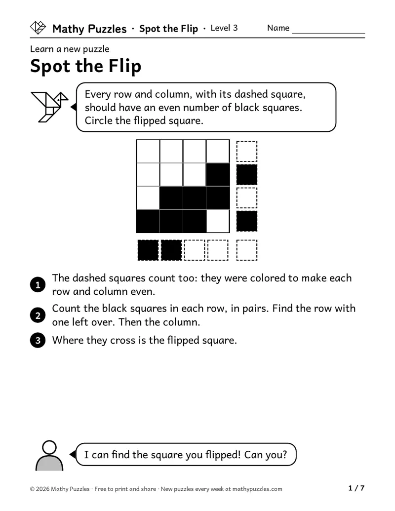 Spot the Flip, Level 3 Learn sheet with a worked example