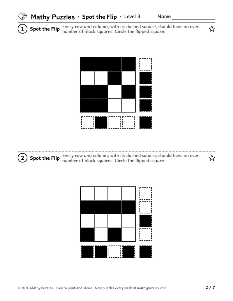 Spot the Flip, Level 3: two 4 × 4 grids of black and white squares with a dashed check square at the end of each row and column.