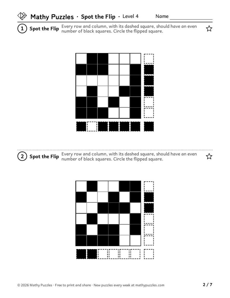 Spot the Flip, Level 4: two 6 × 6 grids of black and white squares with a dashed check square at the end of each row and column.