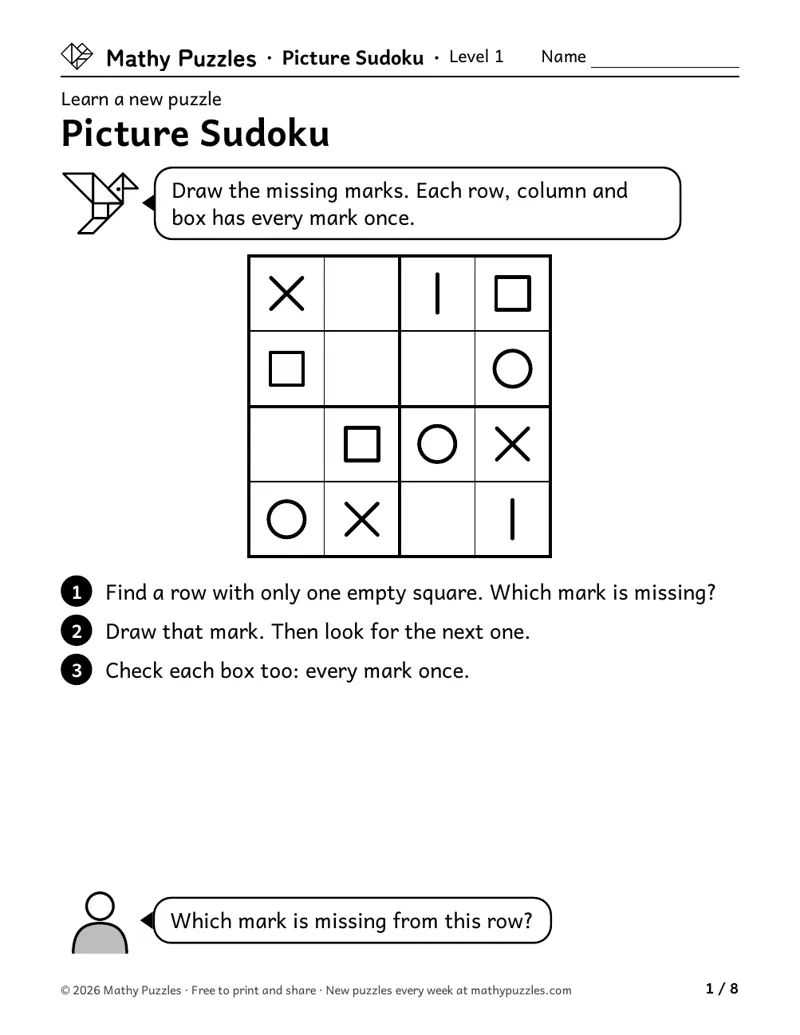 Sudoku, Level 1 Learn sheet with a worked example