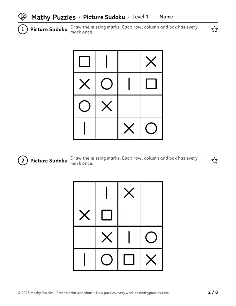 Sudoku, Level 1: two 4 × 4 picture grids with simple marks such as a circle, a cross and a square, and a few gaps to draw in.