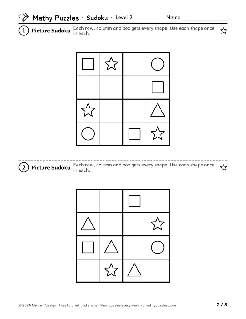 Sudoku, Level 2: two 4 × 4 picture grids with circles, triangles, squares and stars, and gaps to fill.
