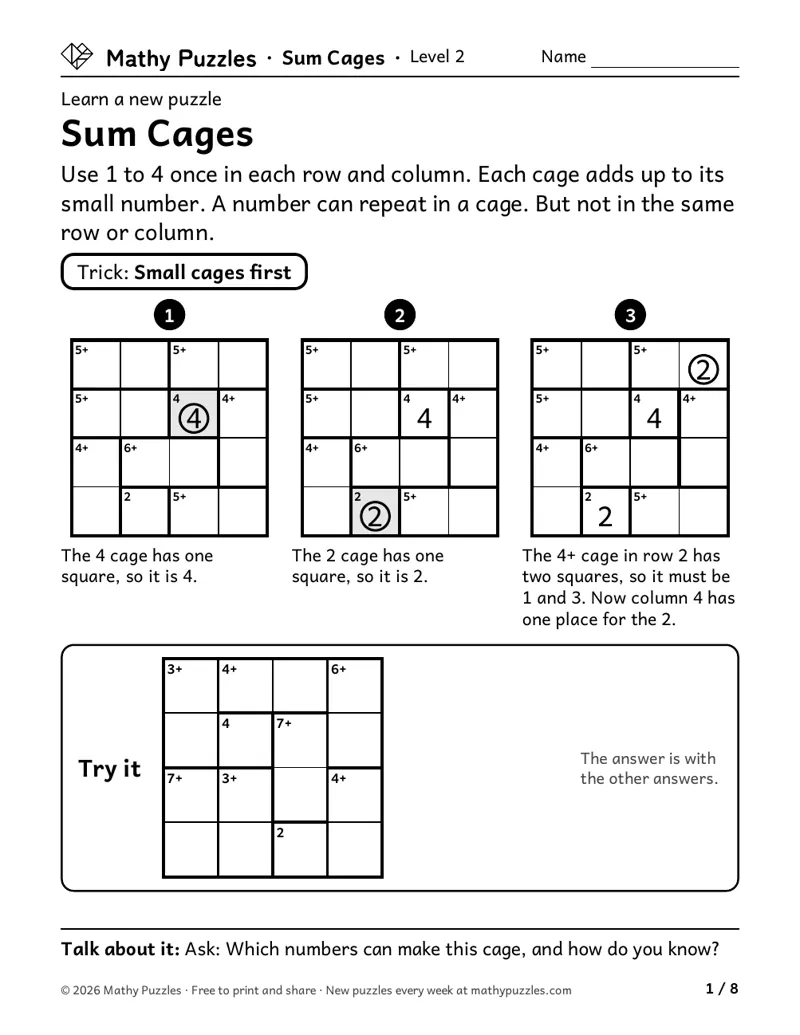 Sum Cages, Level 2 Learn sheet with a worked example