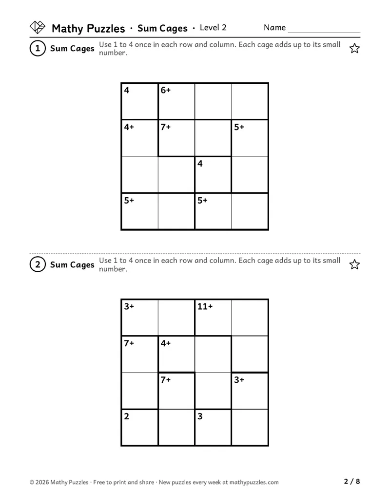 Sum Cages, Level 2: two 4 × 4 grids split into outlined cages, each cage with a small adding target such as 7+.
