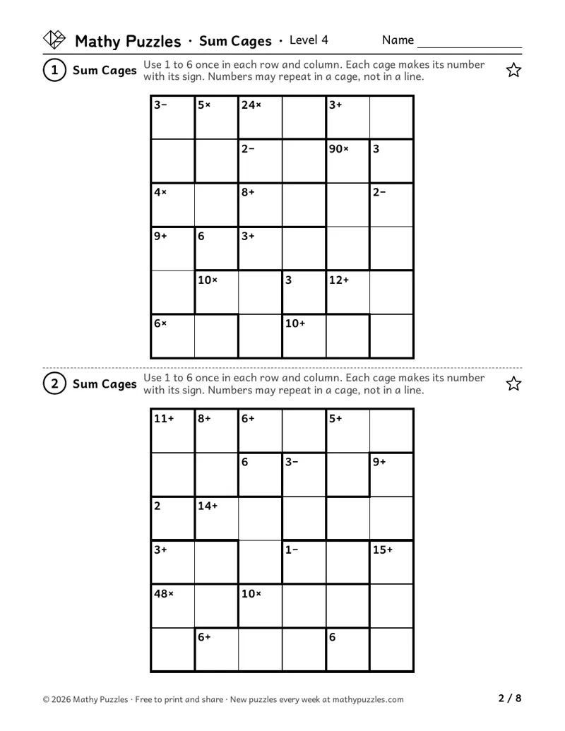 Sum Cages, Level 4: two 6 × 6 grids split into outlined cages, with targets for adding, taking away and multiplying.