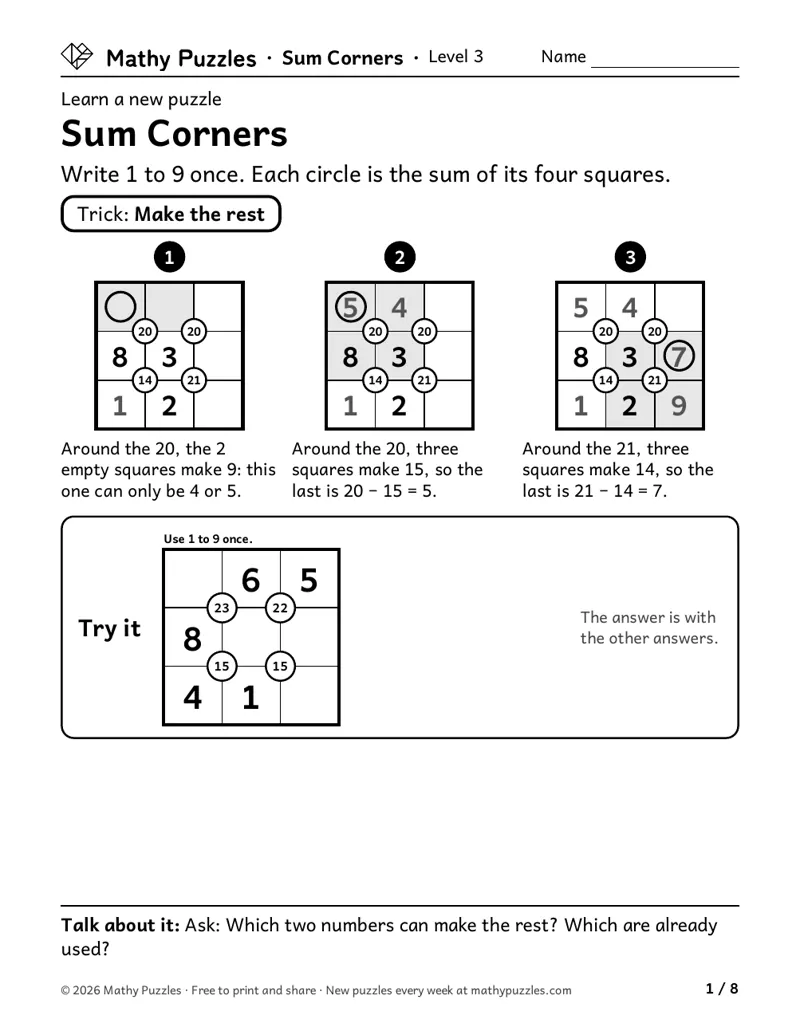 Sum Corners, Level 3 Learn sheet with a worked example