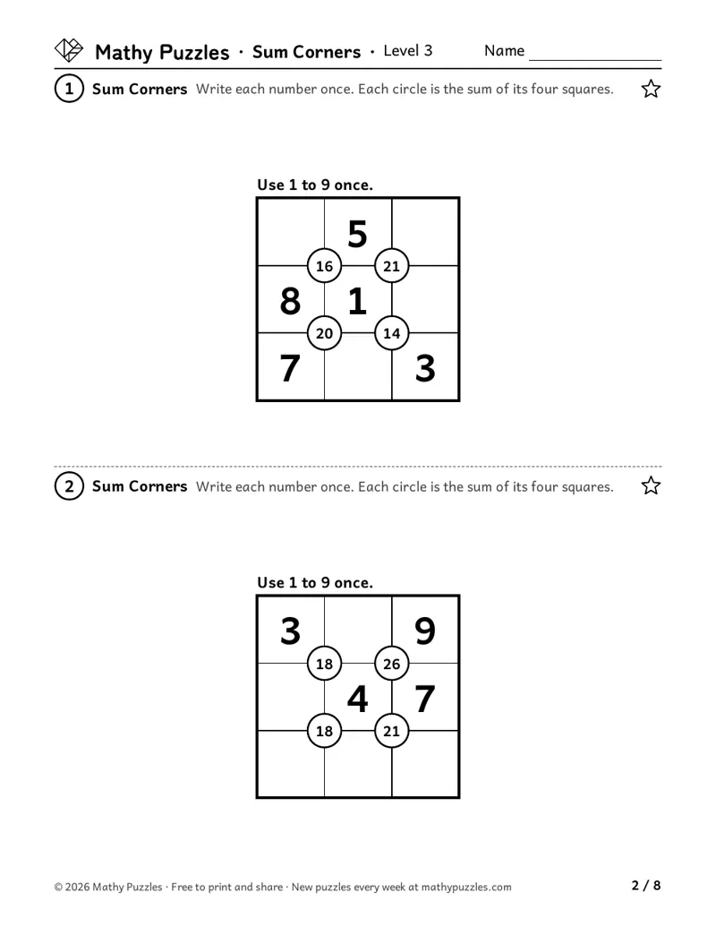 Sum Corners, Level 3: two 3 × 3 grids for the numbers 1 to 9, with four circle totals and a few numbers given.