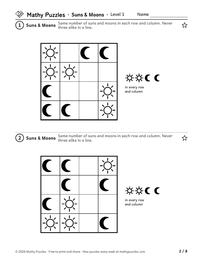 Suns & Moons, Level 1: two 4 × 4 grids with most squares already filled with suns and moons, and a reminder of 2 of each per line.