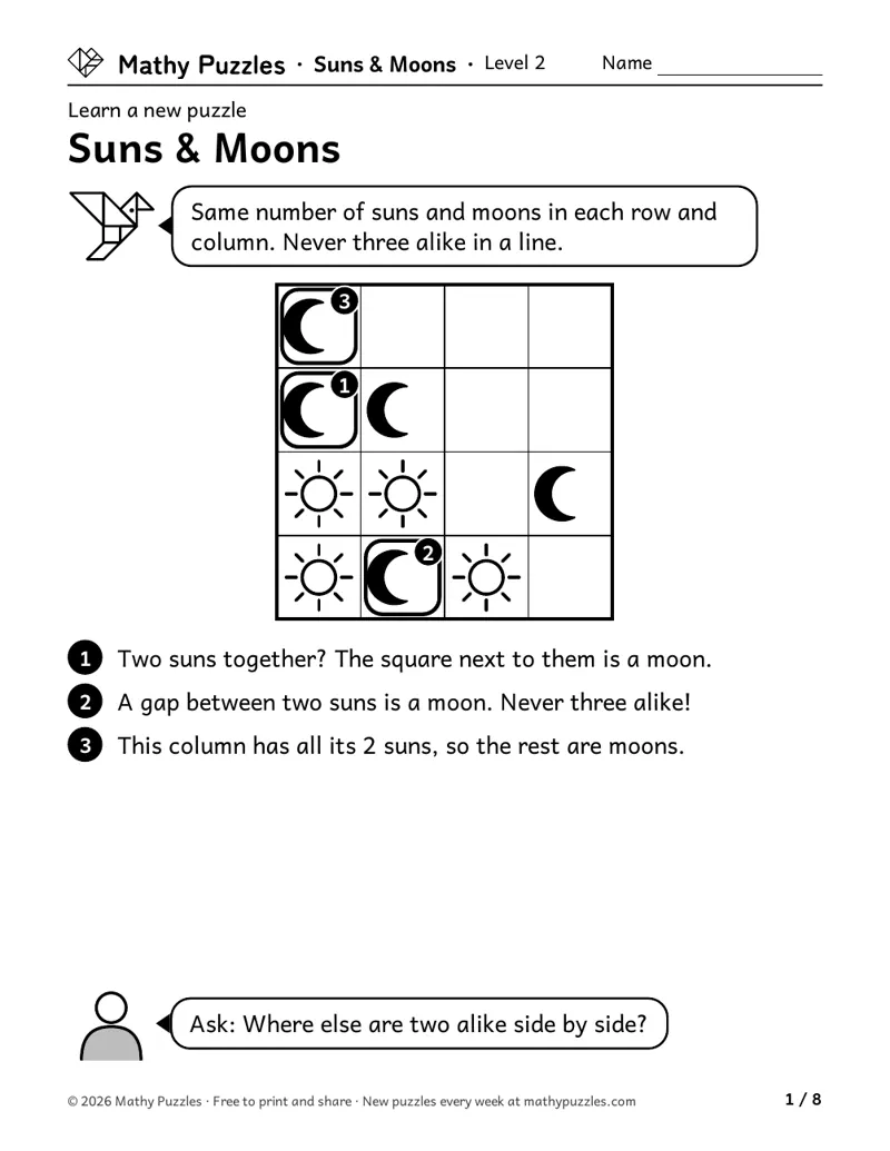 Suns & Moons, Level 2 Learn sheet with a worked example