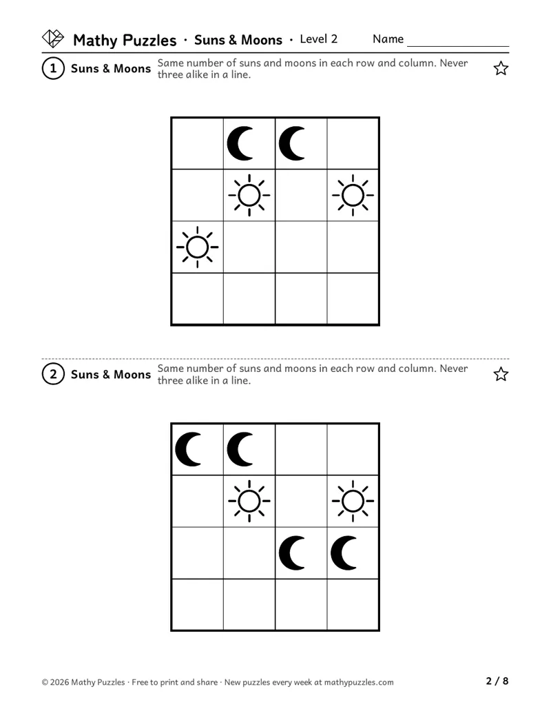 Suns & Moons, Level 2: two 4 × 4 grids with a few suns and moons drawn in and the rest to fill, with no reminder of how many per line.