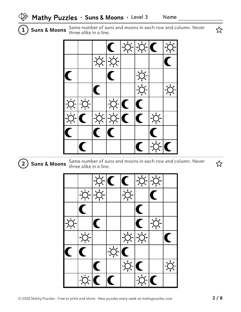 Suns & Moons, Level 3: two 8 × 8 grids with many suns and moons already drawn in.