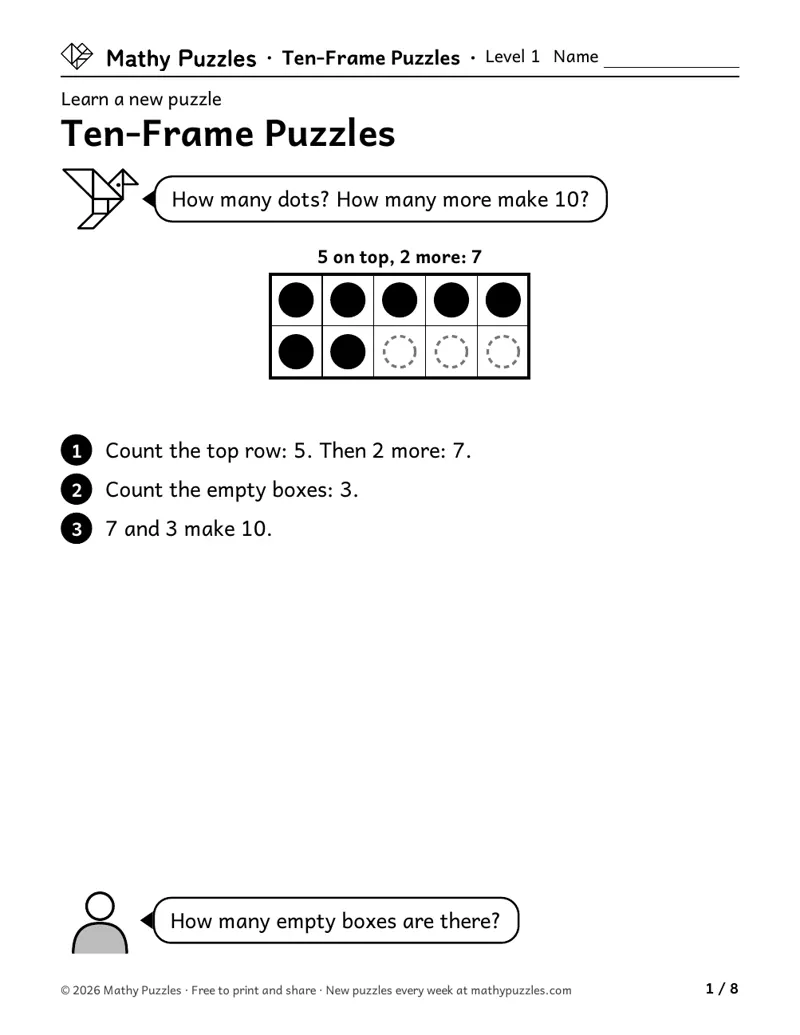 Ten-Frame Puzzles, Level 1 Learn sheet with a worked example