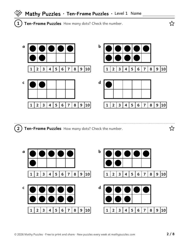 Ten-Frame Puzzles, Level 1: eight ten frames with some dots filled, each with a 1 to 10 strip to check how many.