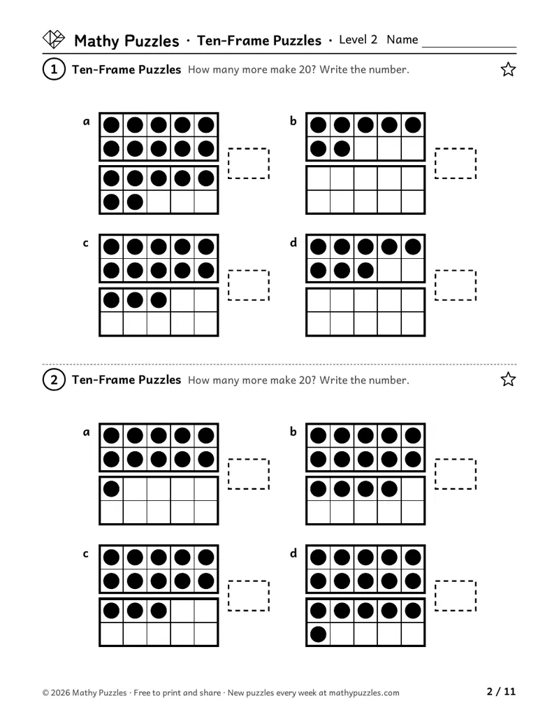 Ten-Frame Puzzles, Level 2: eight double ten frames with dots, each asking how many more make 20.