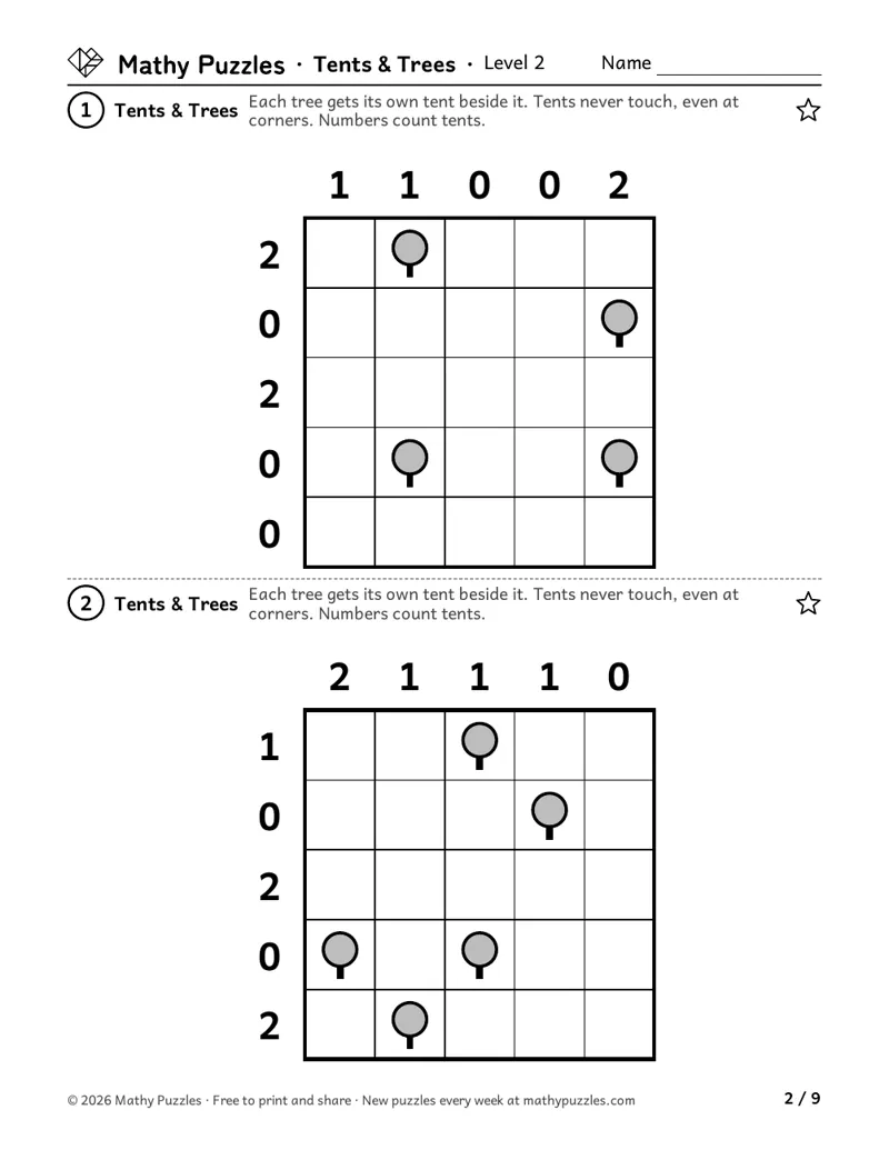 Tents & Trees, Level 2: two 5 × 5 grids with a few trees and numbers along the top and side.