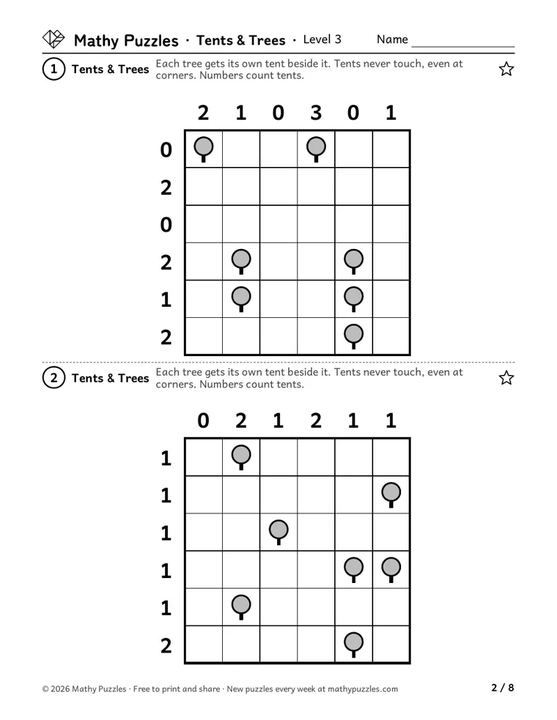 Tents & Trees, Level 3: two 6 × 6 grids with trees and numbers along the top and side.