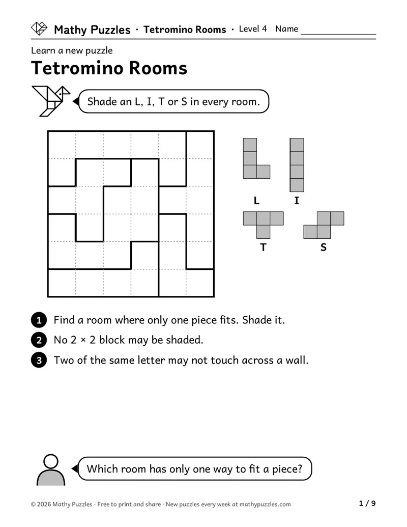 Tetromino Rooms, Level 4 Learn sheet with a worked example