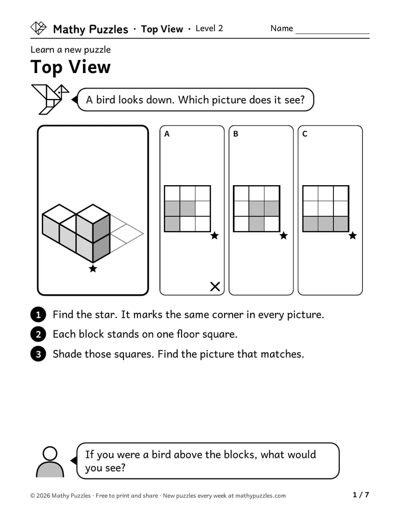 Top, Front, Side, Level 2 Learn sheet with a worked example