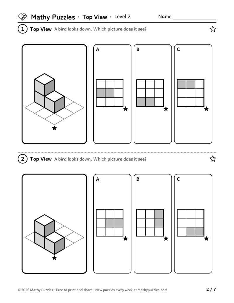Top, Front, Side, Level 2: two drawings of blocks on a 3 × 3 mat, each with 3 flat views to choose the one from above.