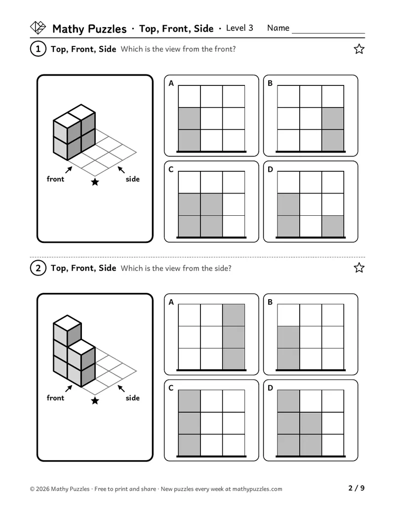 Top, Front, Side, Level 3: two drawings of blocks on a 3 × 3 mat, each with 4 flat views to choose the one from the front or the side.