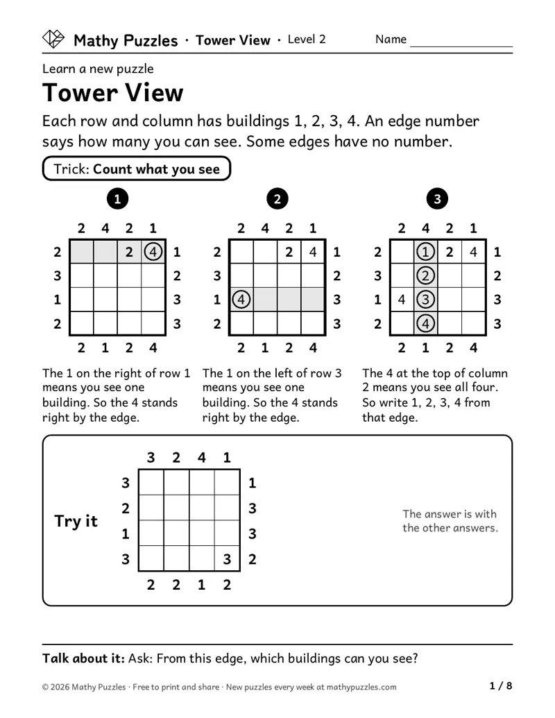 Tower View, Level 2 Learn sheet with a worked example