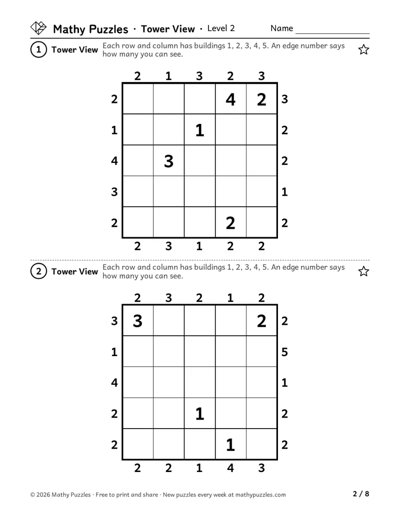 Tower View, Level 2: two 5 × 5 grids with numbers around every edge and a few tower heights filled in.