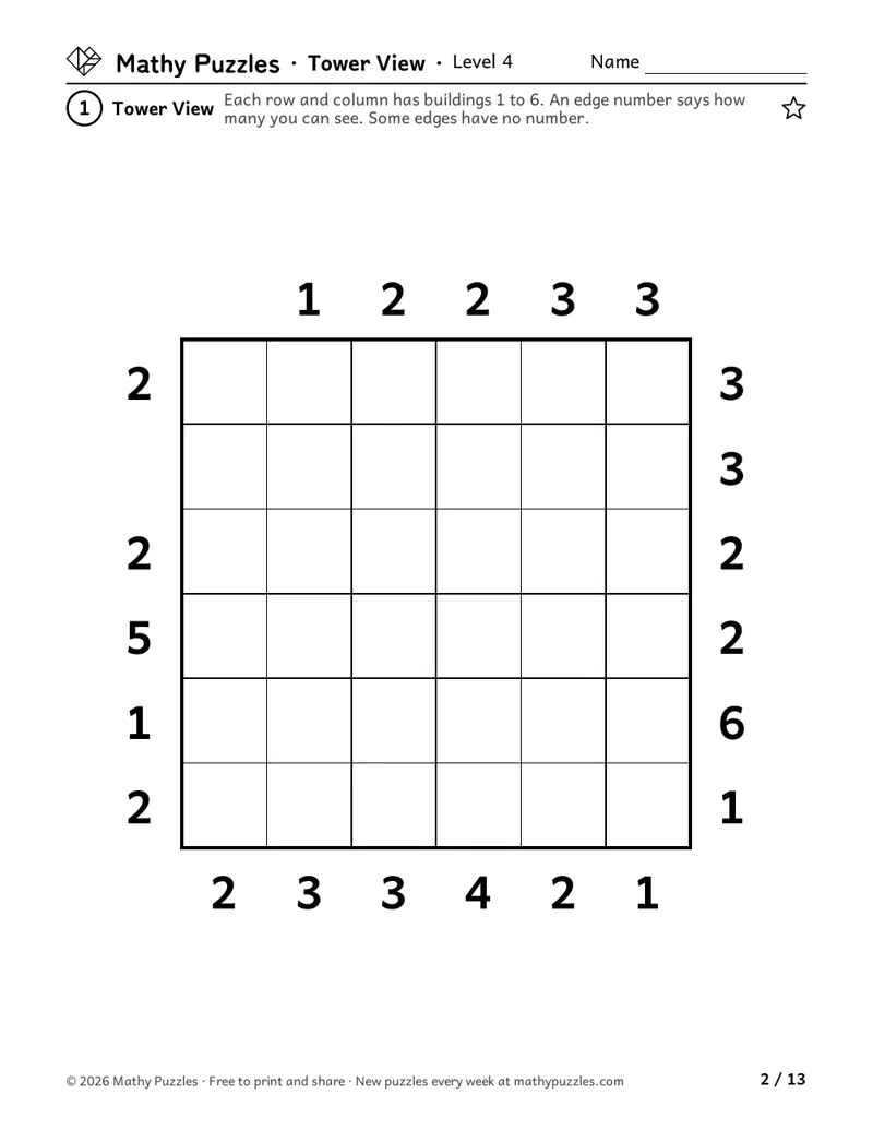 Tower View, Level 4: a 6 × 6 grid with numbers around the edges, a few left blank, and no towers filled in.