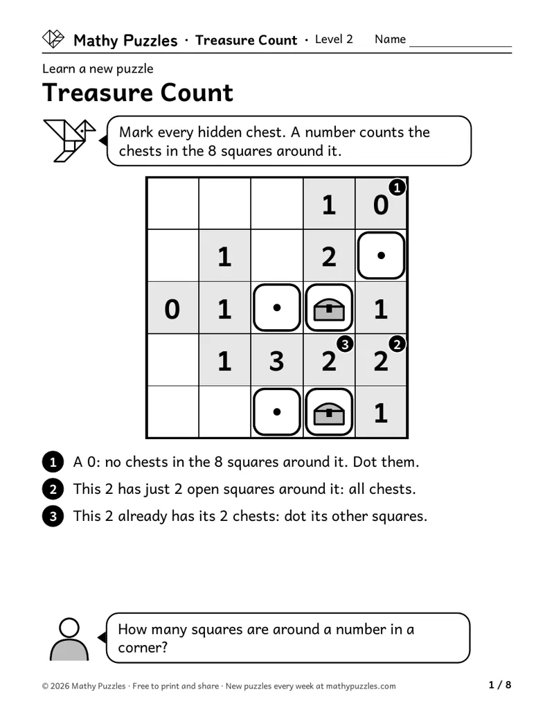 Treasure Count, Level 2 Learn sheet with a worked example