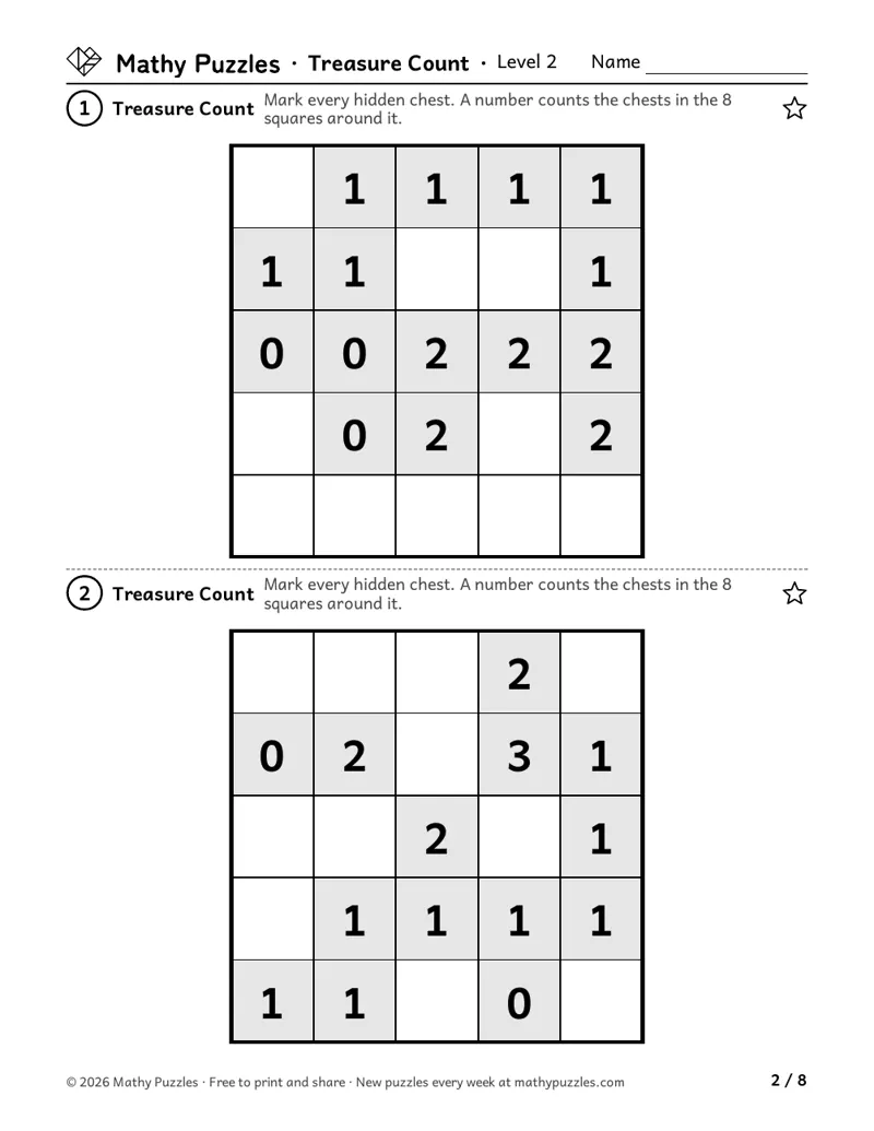 Treasure Count, Level 2: two 5 × 5 grids with numbers in many squares and the rest empty.