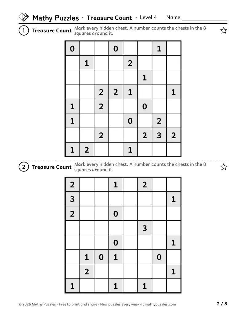 Treasure Count, Level 4: two 8 × 8 grids with numbers in some squares and the rest empty.