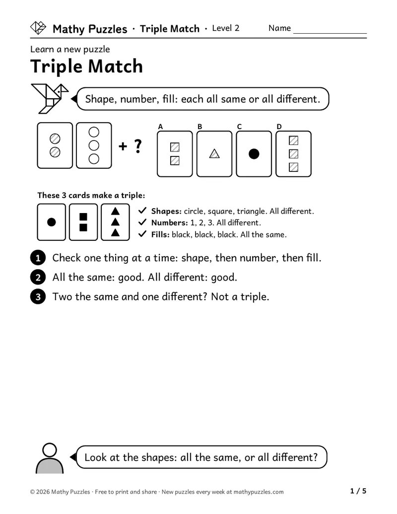 Triple Match, Level 2 Learn sheet with a worked example