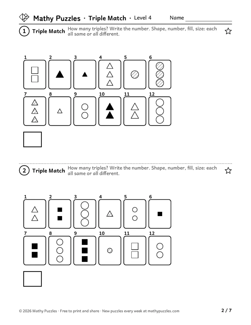 Triple Match, Level 4: two boards of 12 numbered shape cards, each with a box to write how many triples there are.