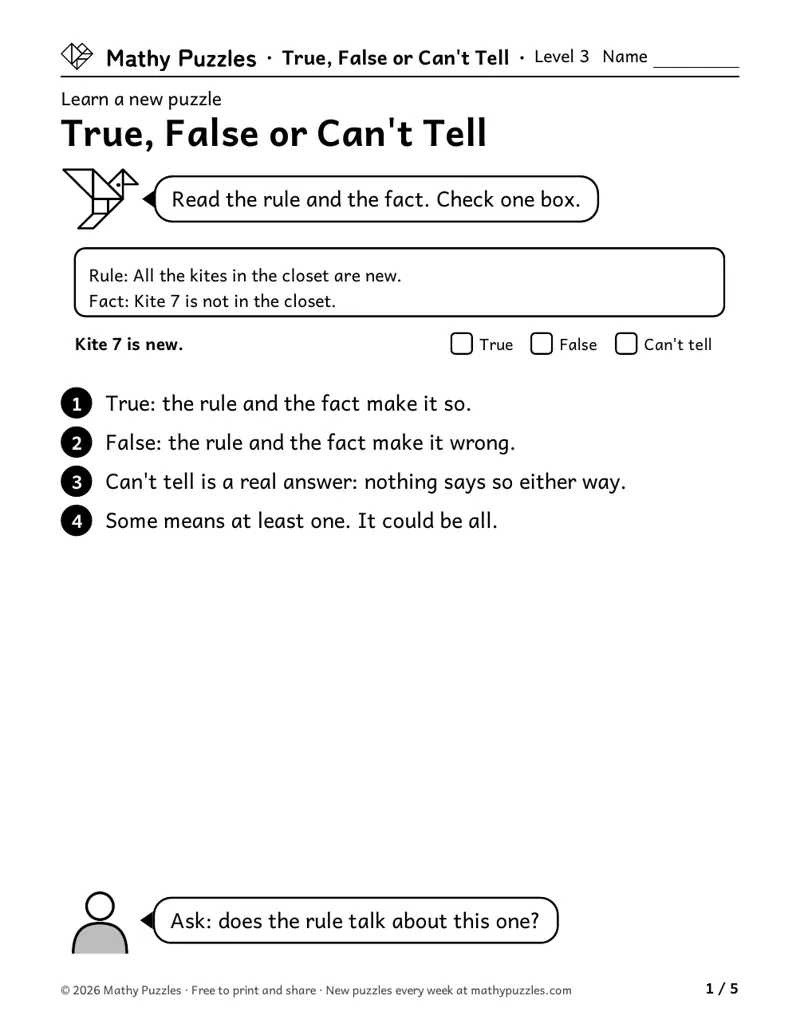 True, False or Can't Tell, Level 3 Learn sheet with a worked example