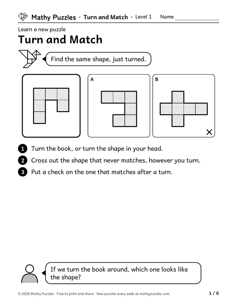 Turn or Flip?, Level 1 Learn sheet with a worked example