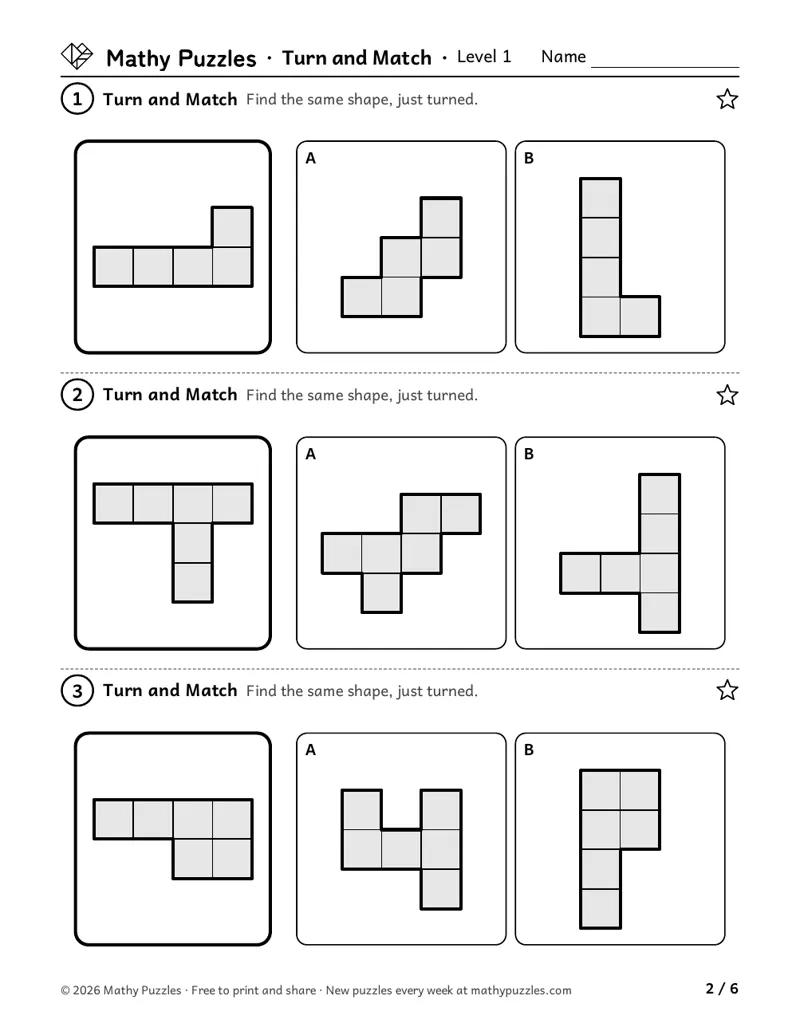 Turn or Flip?, Level 1: three rows, each a shape made of squares with 2 copies to choose the one that is just turned.