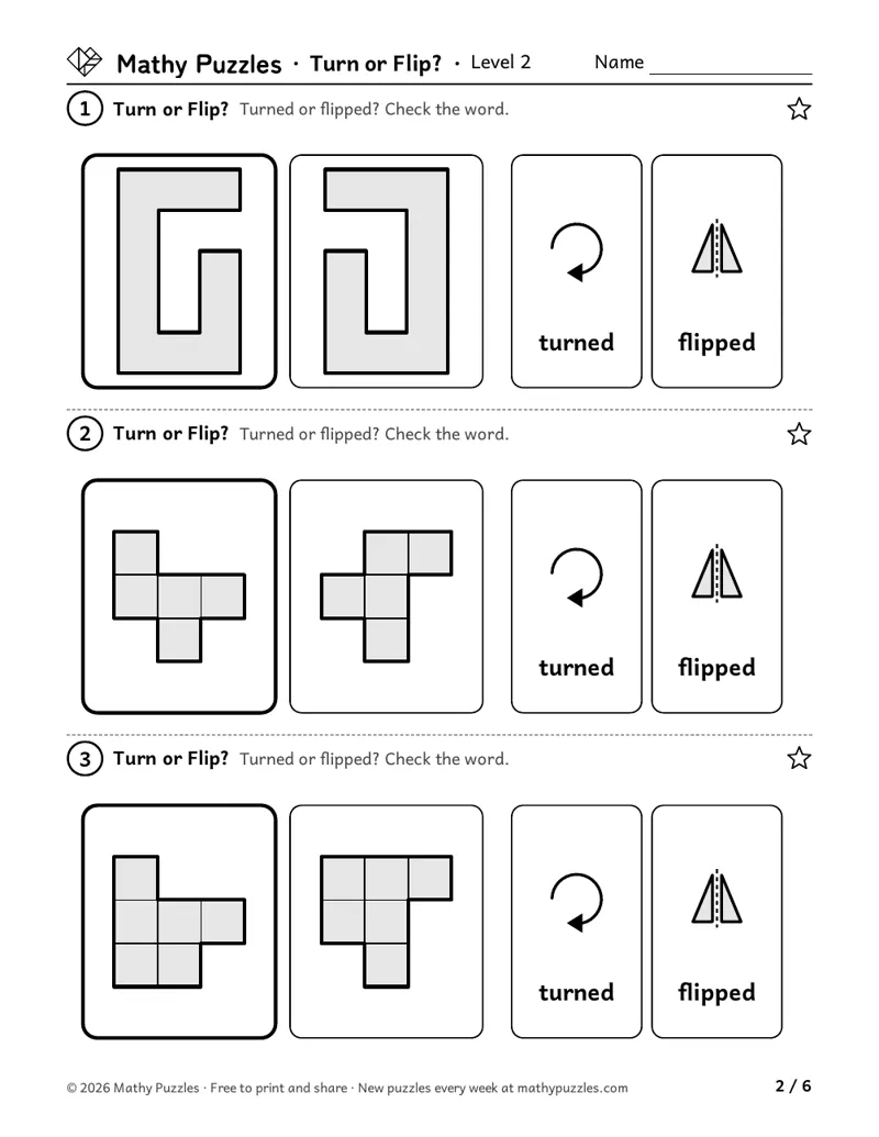 Turn or Flip?, Level 2: three rows, each a shape and one copy, with "turned" and "flipped" cards to check.
