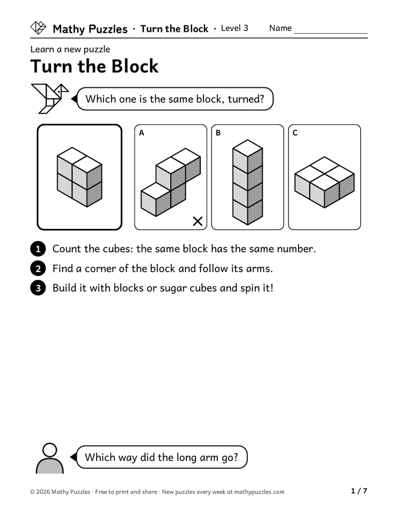 Turn the Block, Level 3 Learn sheet with a worked example