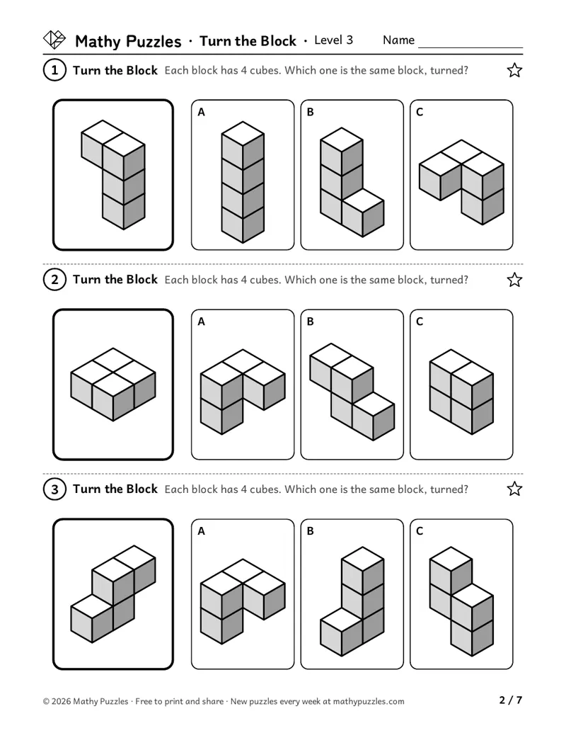 Turn the Block, Level 3: three rows, each a block of 4 cubes with 3 drawings to choose the same block, turned.