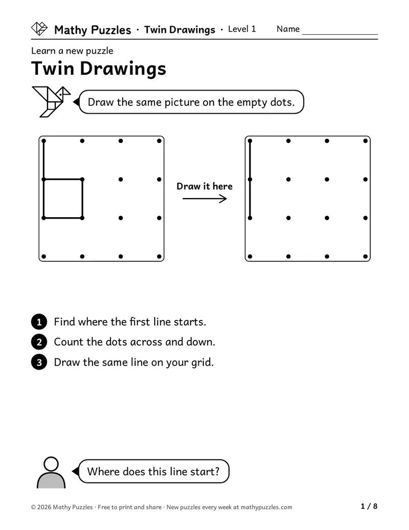 Twin Drawings, Level 1 Learn sheet with a worked example