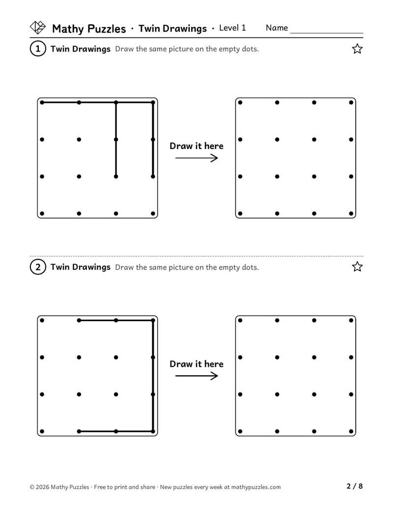 Twin Drawings, Level 1: two small dot grids with a few straight lines, each beside an empty dot grid to copy onto.