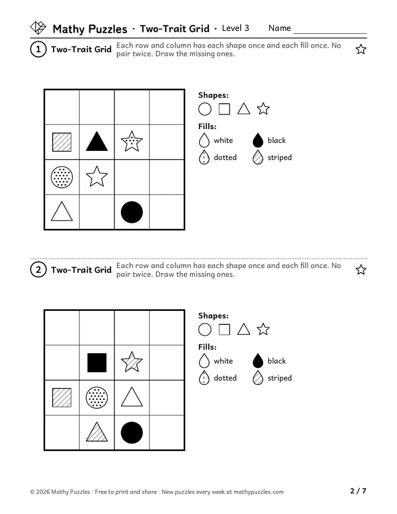 Two-Trait Grid, Level 3: two 4 × 4 grids with some shapes drawn in four fills, beside a list of the shapes and fills.