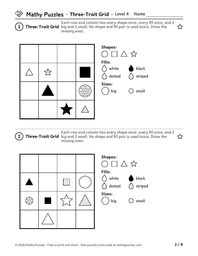 Two-Trait Grid, Level 4: two 4 × 4 grids headed Three-Trait Grid, with some shapes drawn, beside a list of shapes, fills and two sizes.