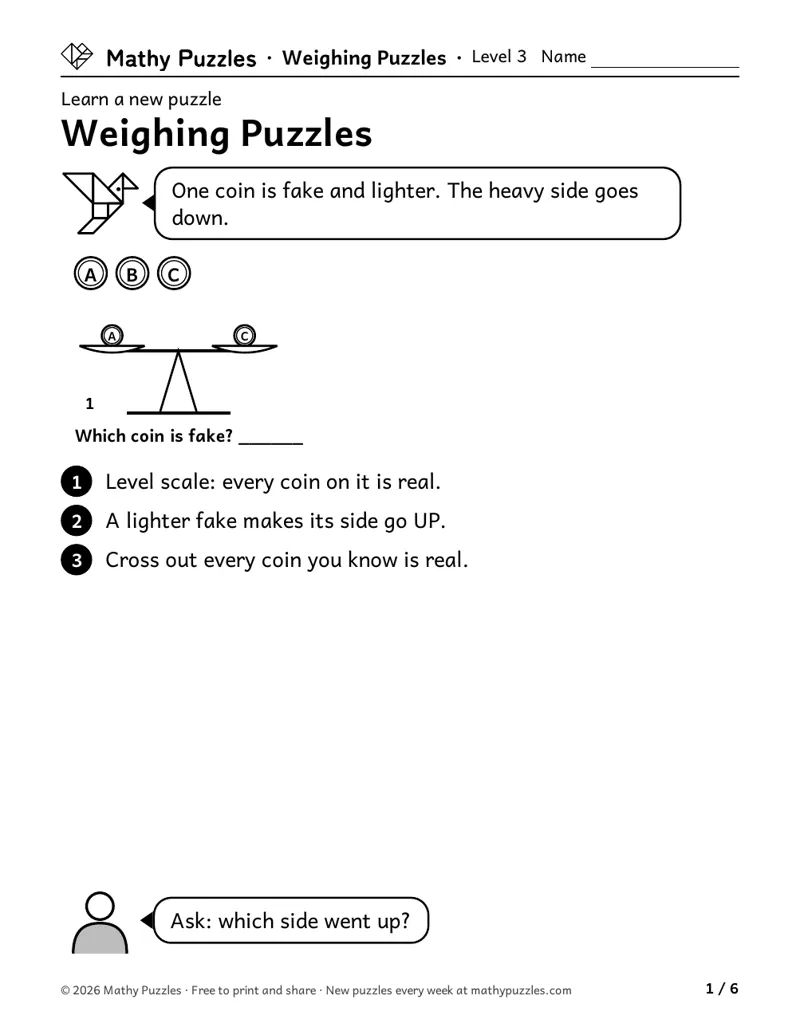 Weighing Puzzles, Level 3 Learn sheet with a worked example