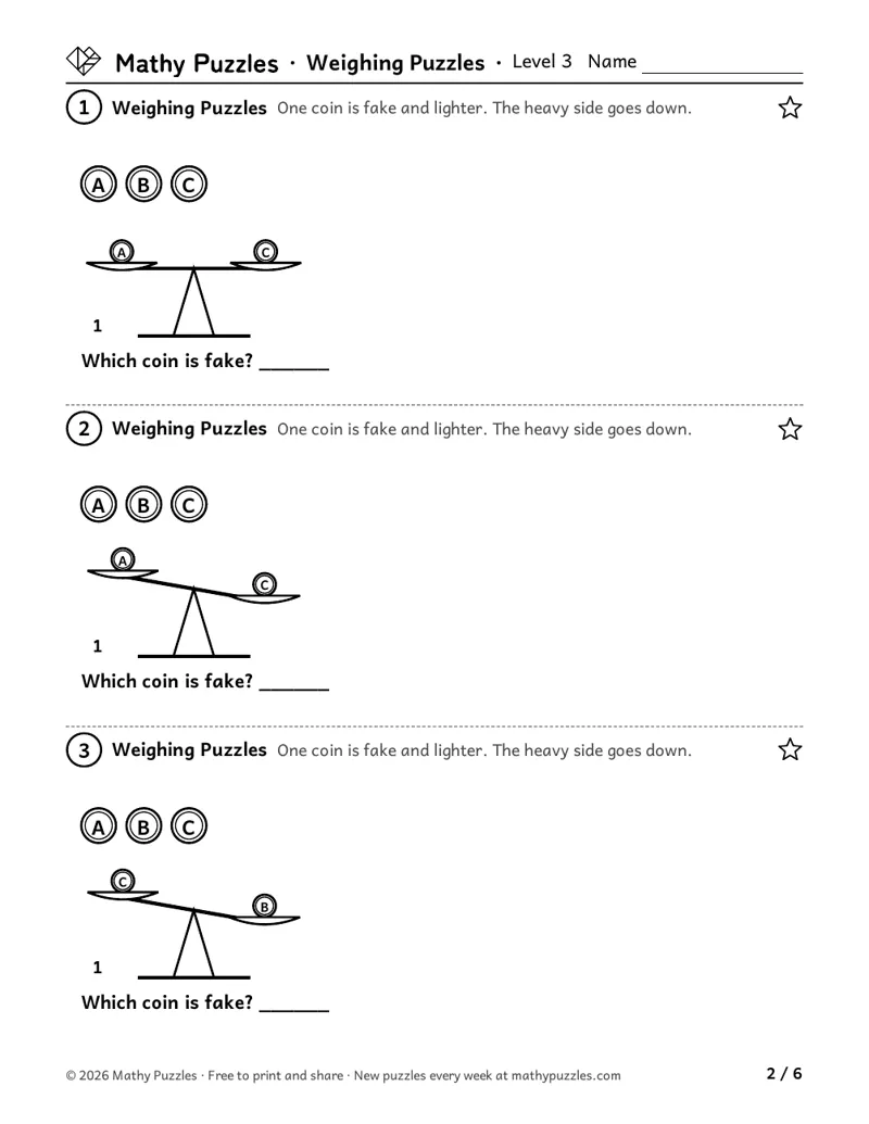 Weighing Puzzles, Level 3: three puzzles, each 3 lettered coins and one balance scale, asking which coin is fake.