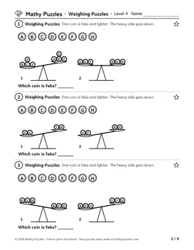 Weighing Puzzles, Level 4: a page from the free set