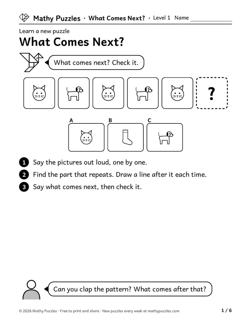 What Comes Next?, Level 1 Learn sheet with a worked example