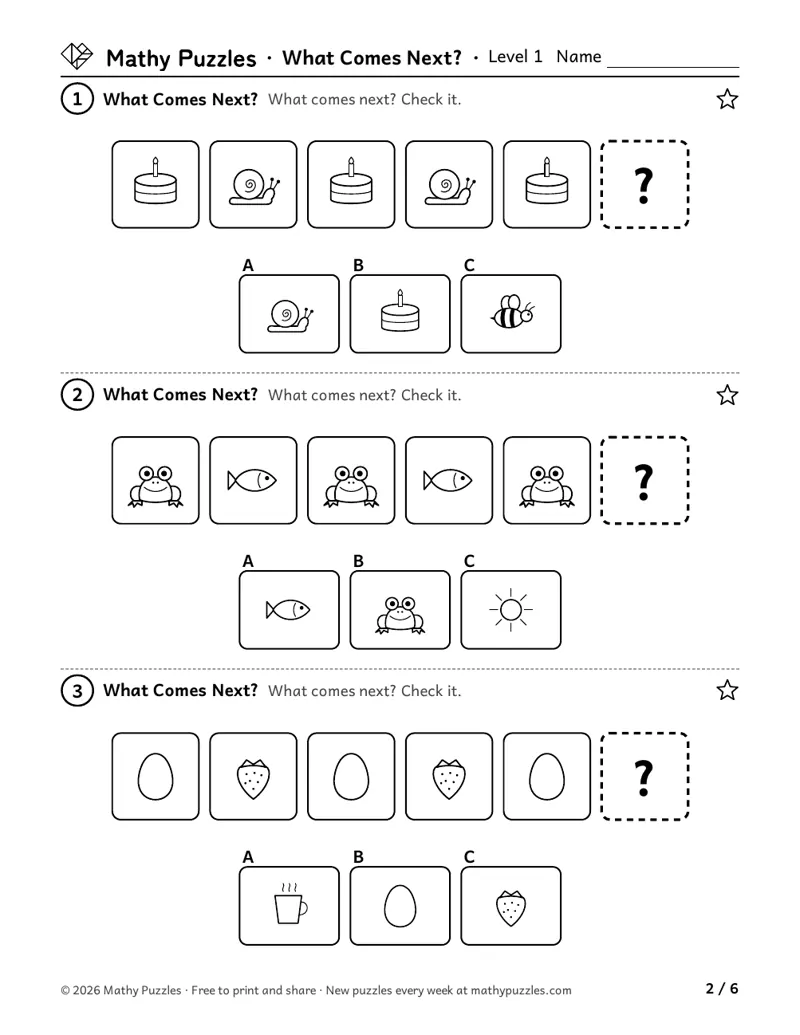 What Comes Next?, Level 1: three rows of everyday pictures in a repeating pattern, each with an empty box and 3 pictures to choose from.