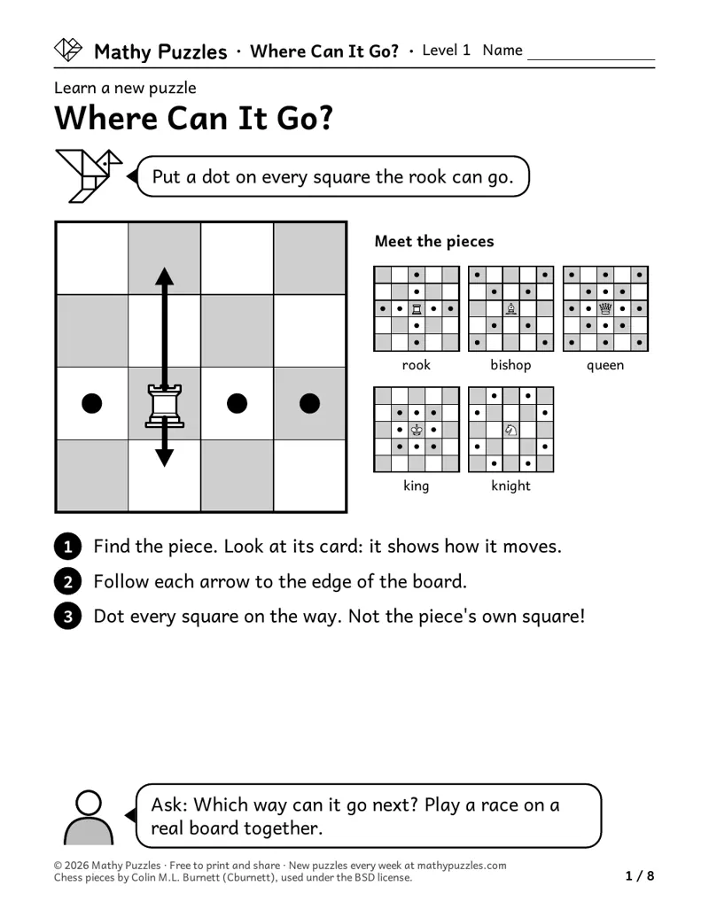 Where Can It Go?, Level 1 Learn sheet with a worked example