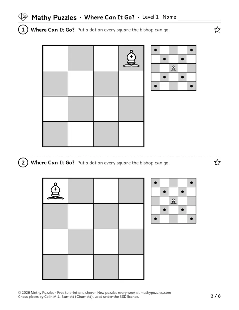 Where Can It Go?, Level 1: two 4 × 4 chess boards, each with one rook or bishop and a small card showing how it moves; dot every square it can reach.
