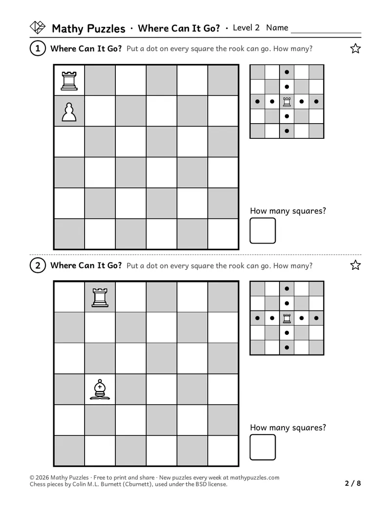 Where Can It Go?, Level 2: two 6 × 6 chess boards, each with one piece, another piece in its way, a move card and a box for how many squares.